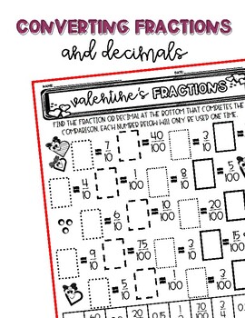 Preview of Converting Fractions to Decimals | Valentine's Day | Activity | Worksheet