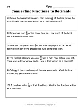 Converting Fractions to Decimals Word Problems (4 worksheets!) 5.NF.3