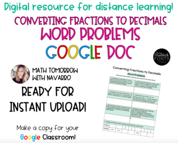 Preview of Converting Fractions to Decimals Word Problems Google Doc
