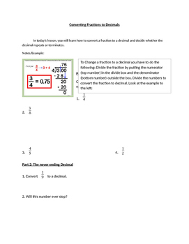 Preview of Converting Fractions to Decimals Worksheet and/or Activity