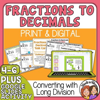 Preview of Converting Fractions to Decimals with Long Division Task Cards - Print & Digital