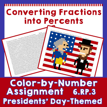 Preview of Converting Fractions to Percent Presidents Day Color by Number