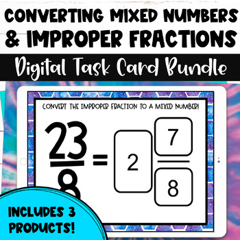 Preview of Converting Improper Fractions & Mixed Numbers Digital Task Card Activity Bundle
