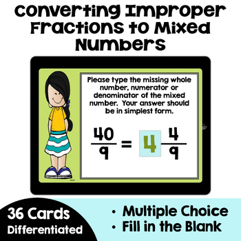 Preview of Converting Improper Fractions to Mixed Numbers Boom Cards - Self Correcting