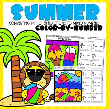 Preview of Converting Improper Fractions to Mixed Numbers Color-by-Number l Summer Themed