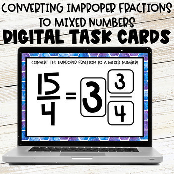 Preview of Converting Improper Fractions to Mixed Numbers Google Slide Digital Task Cards