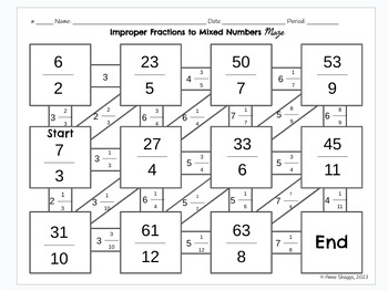 Preview of Converting Improper Fractions to Mixed Numbers Math Maze