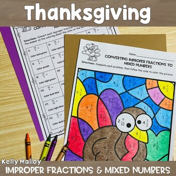 Preview of Converting Improper Fractions to Mixed Numbers Turkey Coloring Page 