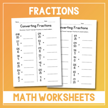 Preview of Converting Improper Fractions to Mixed Numbers Worksheets - Math Practice