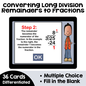 Preview of Converting Long Division Remainders to Fractions Boom Cards - Self Correcting
