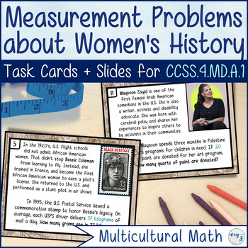 Preview of Women's History Month Measurement Conversions - 4.MD.A.1 Task Cards + Slides