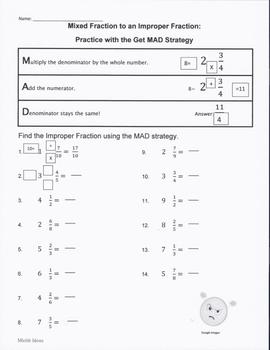 Preview of Converting Mixed Fraction to Improper Fractions WS (MAD strategy)