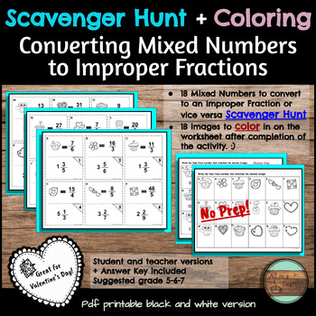Preview of Converting Mixed Number to Improper Fractions Scavenger Hunt + Coloring Activity