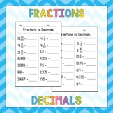 Converting Mixed Numbers and Decimals - Fractions Workshee