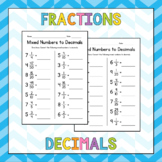 Converting Mixed Numbers to Decimals - Fractions Worksheet