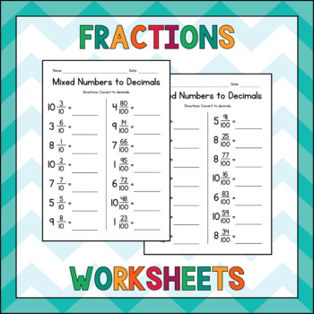 Preview of Converting Mixed Numbers to Decimals Worksheets - Fractions Practice - Test Prep