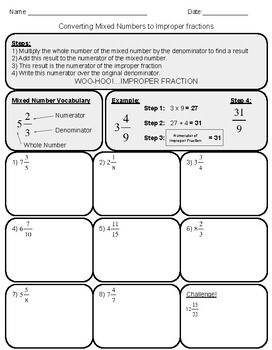 Preview of Converting Mixed Numbers to Improper Fractions Instruction & Practice Worksheet
