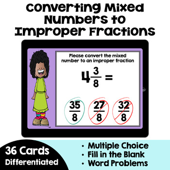 Preview of Converting Mixed Numbers to Improper Fractions Boom Cards - Self Correcting