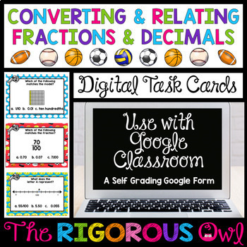Preview of Converting & Relating Fractions and Decimals Task Cards - Digital Google Forms 