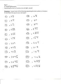 Converting Repeating Decimals to Fractions Practice by Carla Fowler