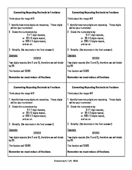 Preview of 8.NS.1:  Converting Repeating Decimals to Fractions (Quick Notes)