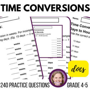 Preview of Converting Units of Time Math Worksheets Includes Days to Hours and Weeks