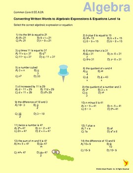 Preview of Converting Written Words to Algebra Expressions and Equations Level 1a 6eea2a
