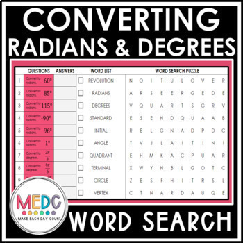 Preview of Converting between Radians and Degrees Activity with Word Search Precalculus
