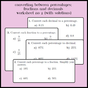 Preview of Converting between percentages, fractions and decimals worksheet no 2 (with solu