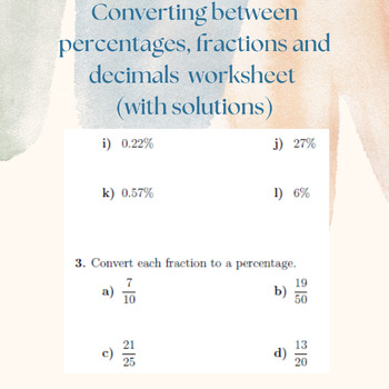 Preview of Converting between percentages, fractions and decimals  worksheet (with solution