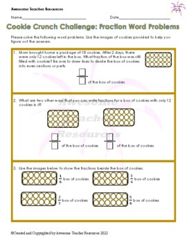 Preview of Cookie Crunch Challenge: Fraction Word Problems Worksheet