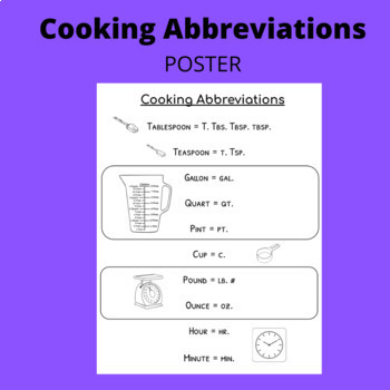 Preview of Cooking Abbreviations Poster For The Culinary High School And FCS Classroom