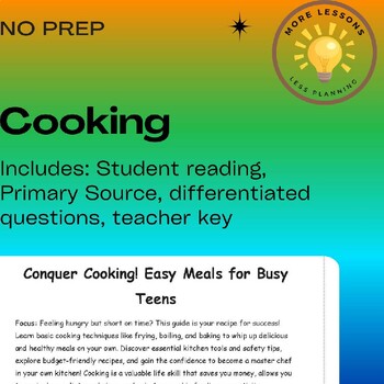 Preview of Cooking Easy Meals Teen Life Skills Reading Comprehension Worksheet