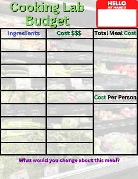 Preview of Cooking Lab Budget Worksheet