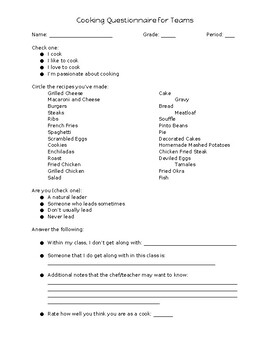 Preview of Cooking Questionnaire for Culinary Groups