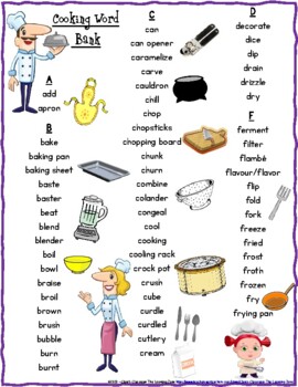 Preview of Cooking Vocabulary Student Printable Word Bank/List