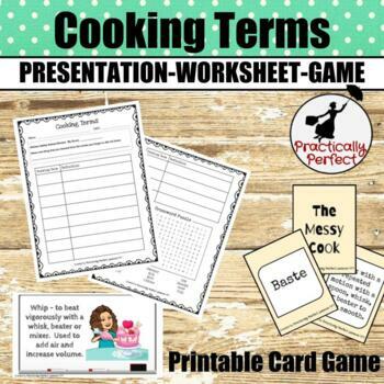 Preview of Cooking Terms - Slides Presentation, Guided Worksheet, and Printable Card Game!