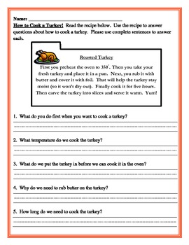 Cooking Turkey Writing and Reading Comprehension Combo by MRHCreations