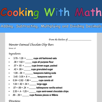 Preview of Cooking with Math -- Adding, Subtracting, Multiplying and Dividing Decimals