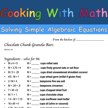 Preview of Cooking with Math -- Solving Simple Algebraic Equations