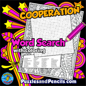Preview of Cooperation Word Search Puzzle with Coloring Activity | Social Skills