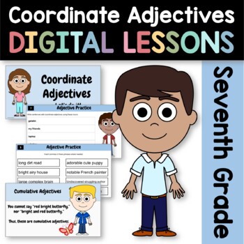 Preview of Coordinate Adjectives 7th Grade Interactive Google Slides | Grammar Practice