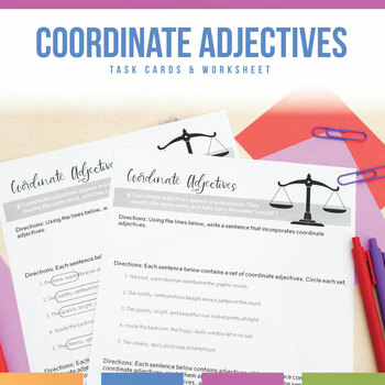 Preview of Coordinate Adjectives Task Cards & Coordinate Adjective Worksheet