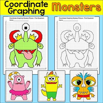 Preview of Monsters Coordinate Plane Graphing Mystery Pictures - End of Year Math Activity