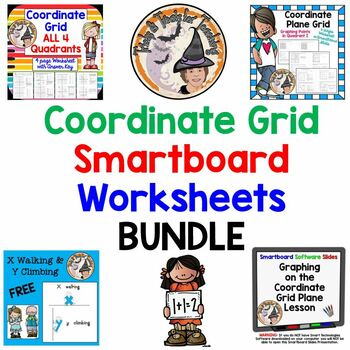 Preview of Coordinate Grid Worksheets and Smartboard Slides Lesson BUNDLE