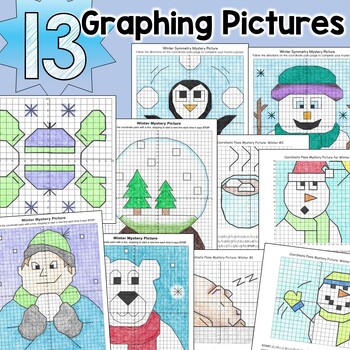 Preview of Winter Coordinate Plane Mystery Pictures Math Graphing BUNDLE