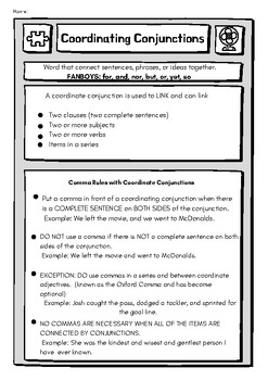Preview of Coordinating Conjunctions FANBOYS worksheet practice, creative writing grammar