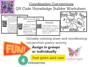 Preview of Coordinating Conjunctions QR Code Exploration worksheet printable grammar