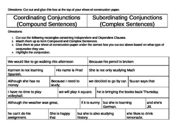 Preview of Coordinating and Subordinating Conjunctions Cut-and-Paste