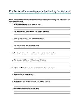 Coordinating and Subordinating Conjunctions Worksheet | TpT